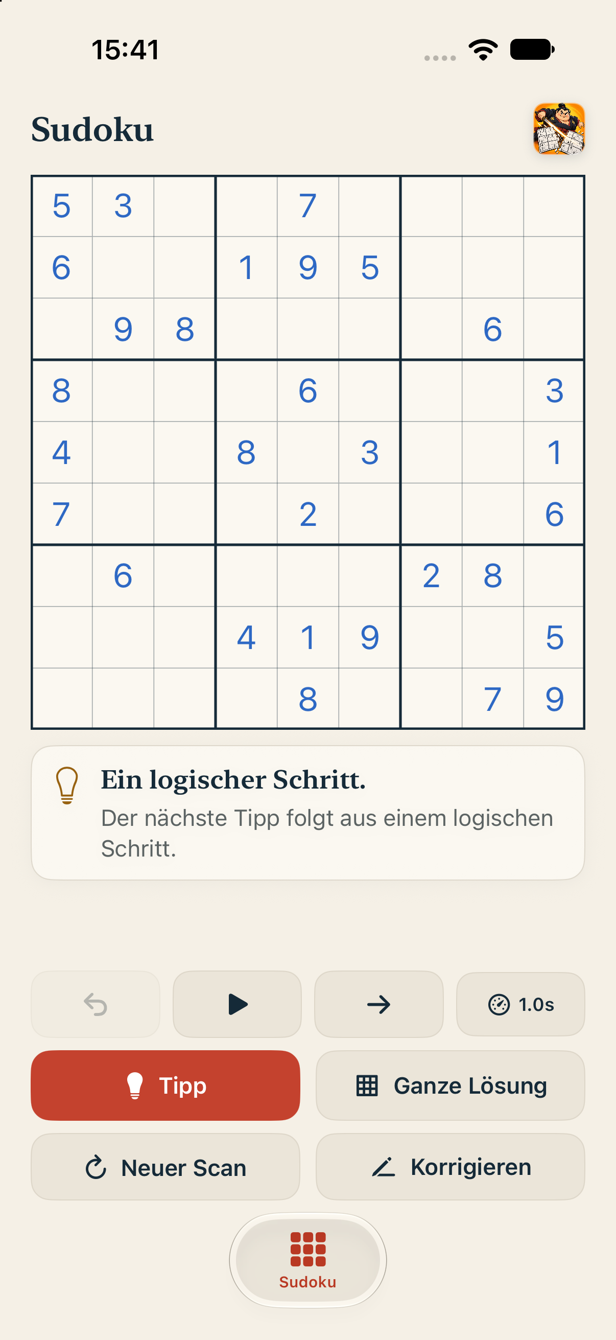 SudoFlash Papieransicht mit Sudoku und Tipp-Steuerung
