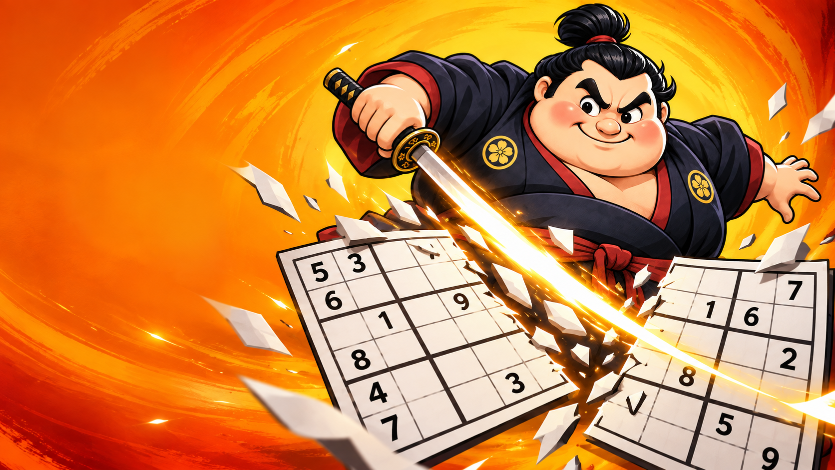 SudoFlash durchtrennt mit einem leuchtenden Hieb ein Sudoku aus Papier